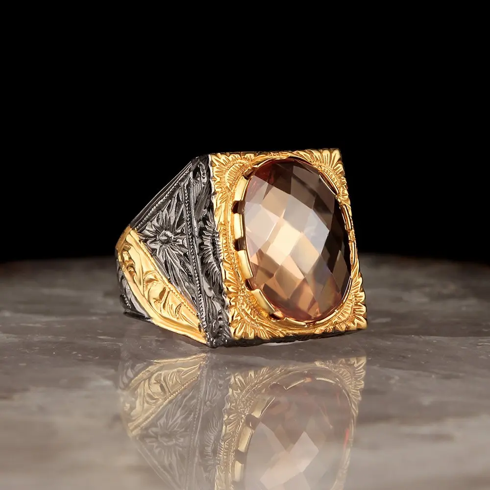 

Citrine Gold Plated 925 Silver Engraved Traditional Handmade Turkish Signet Ring Best Craftmanship Jewelry Gift for Women Men