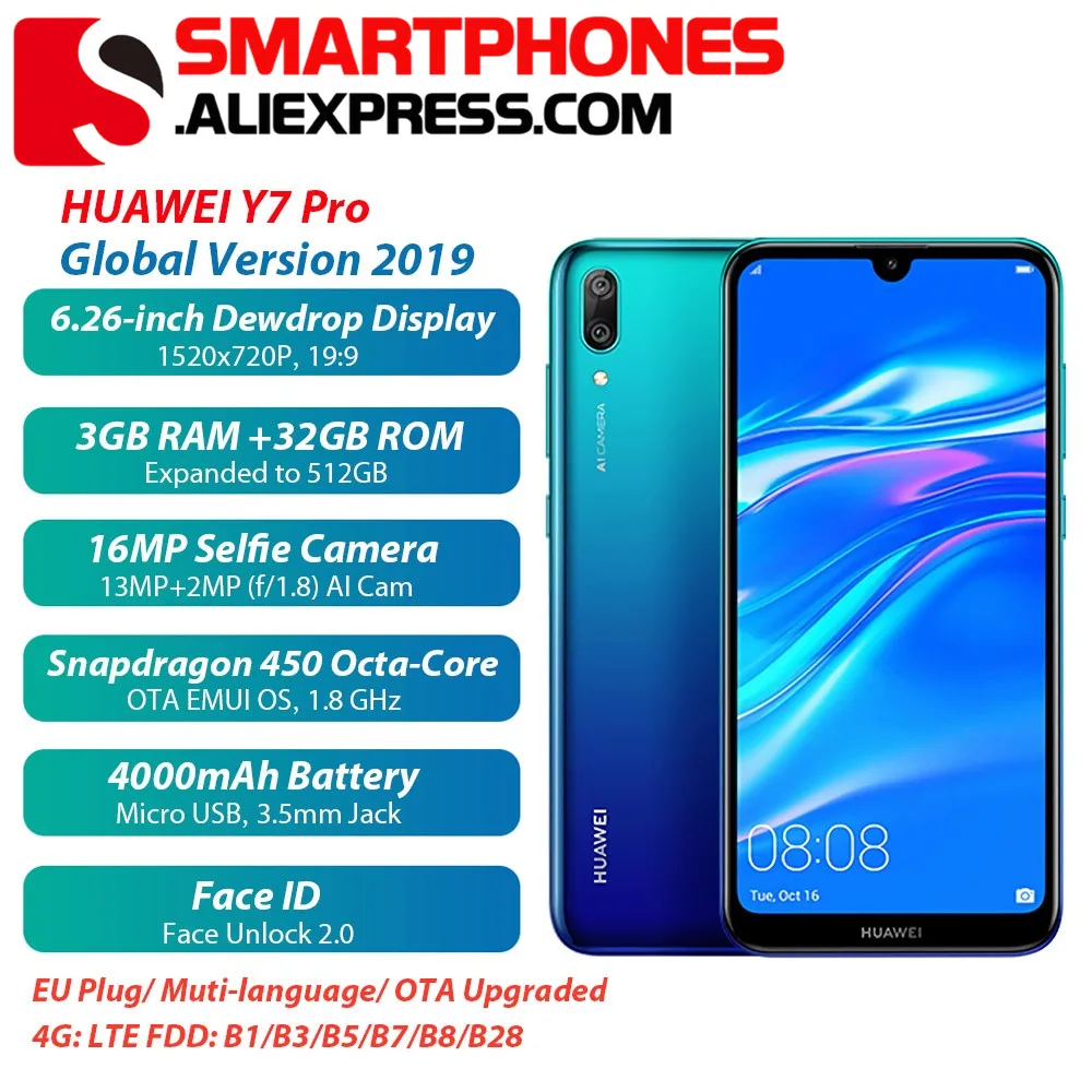 Глобальная версия 2019 HUAWEI Y7 Pro Face ID 6 26 дюймов HD 3 Гб ram 32 rom Восьмиядерный Android 8 14000 мАч