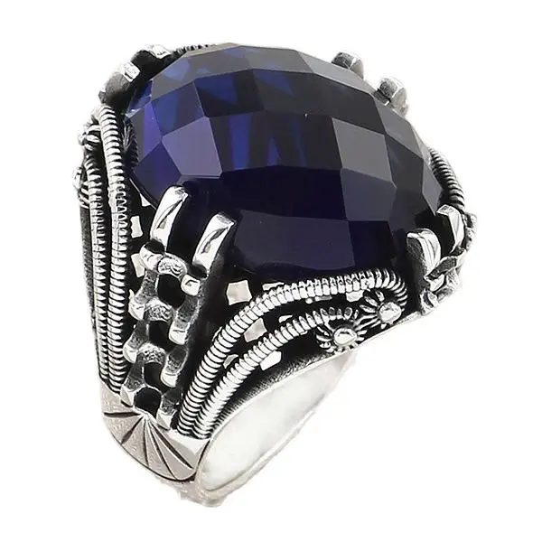 

Blacksmith Sterling Silver Men's Ring with Oval Blue Zircon Raw Stone Jewelry Gift for Father for Husband Holiday Presents