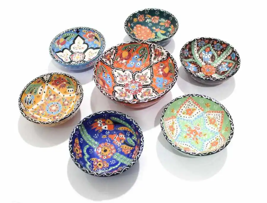 

6 + 1 Kütahya Authentic Mixed Color Ceramic Pottery Bowl Set decor for nuts turkish traditional anatolian handmade pottery natur