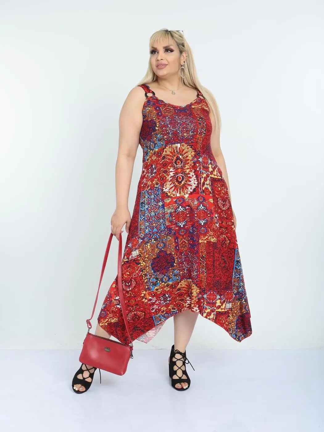 

Plus Size Women Clothing 2022 Asymmetrical Sleeveless Dress Red Ethnic Pattern Ankle-Length Lycra Knitted Viscose Made in Turkey