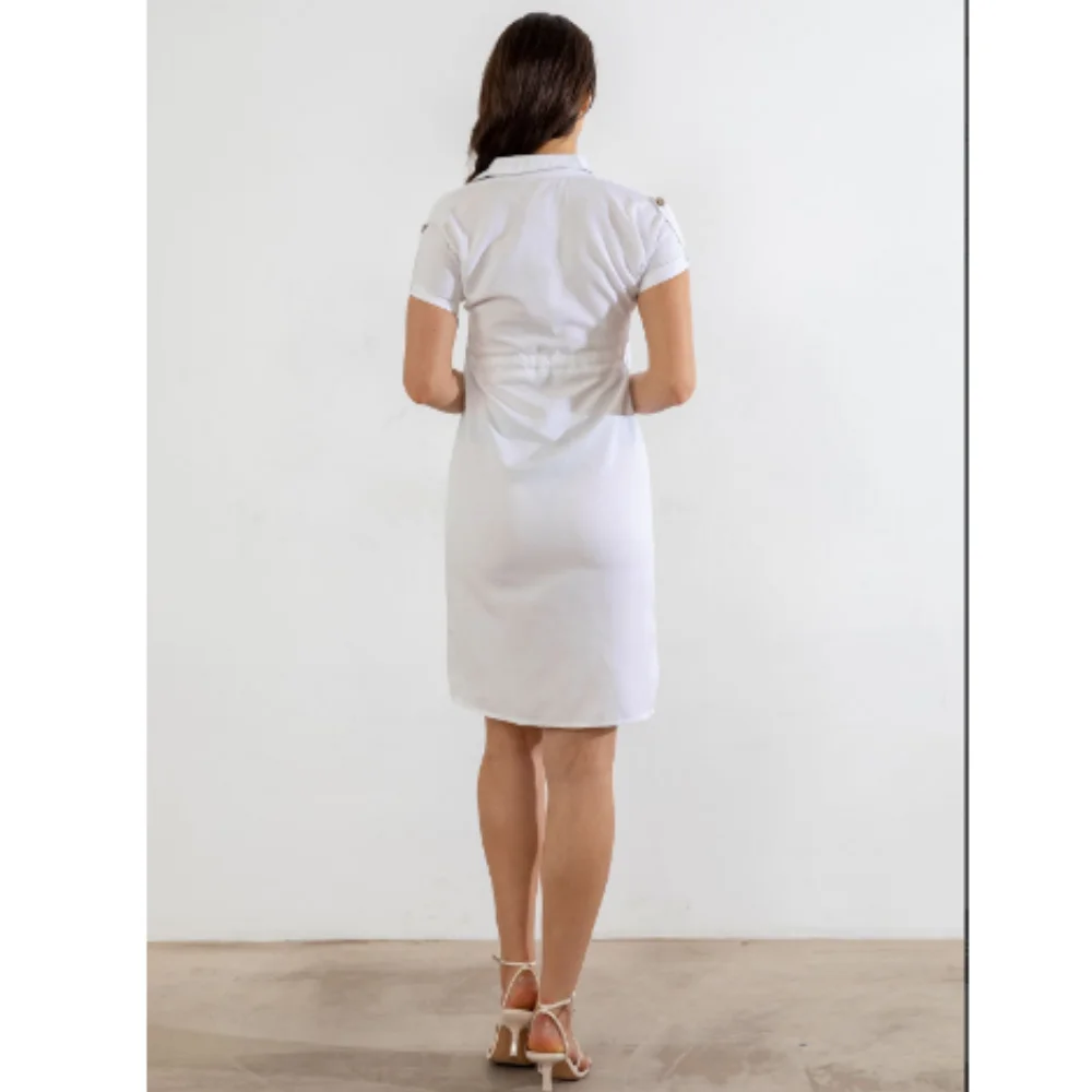 Платье с плиссированной талией Женское белое платье коротким рукавом Элегантный