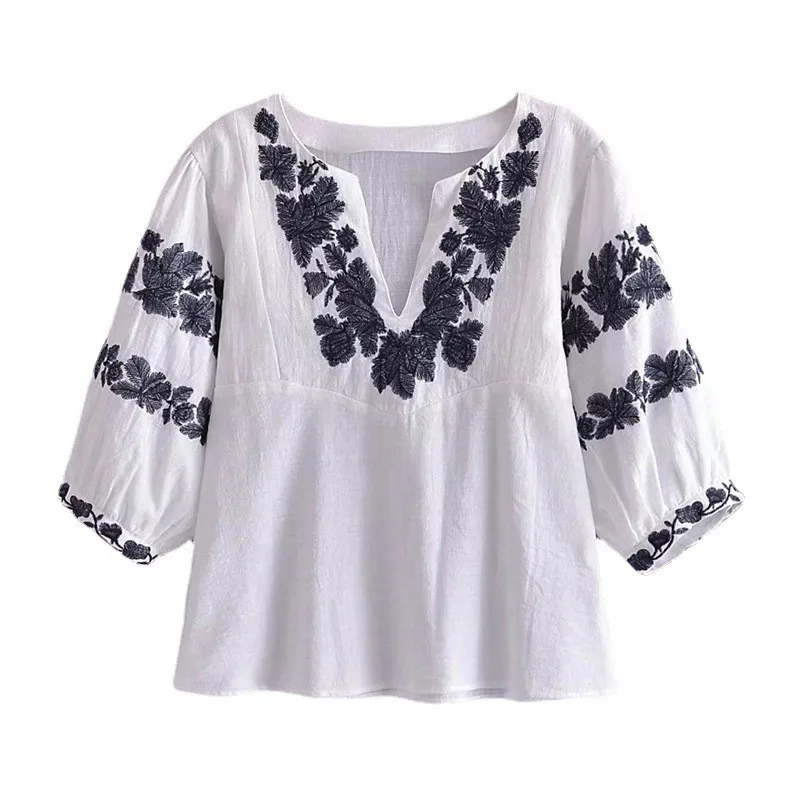 

White Embroidery Cropped Blouses ZXQJ Women 2022 Fashion Vintage Short Sleeve Loose Pullover Female Shirts Chic Tops