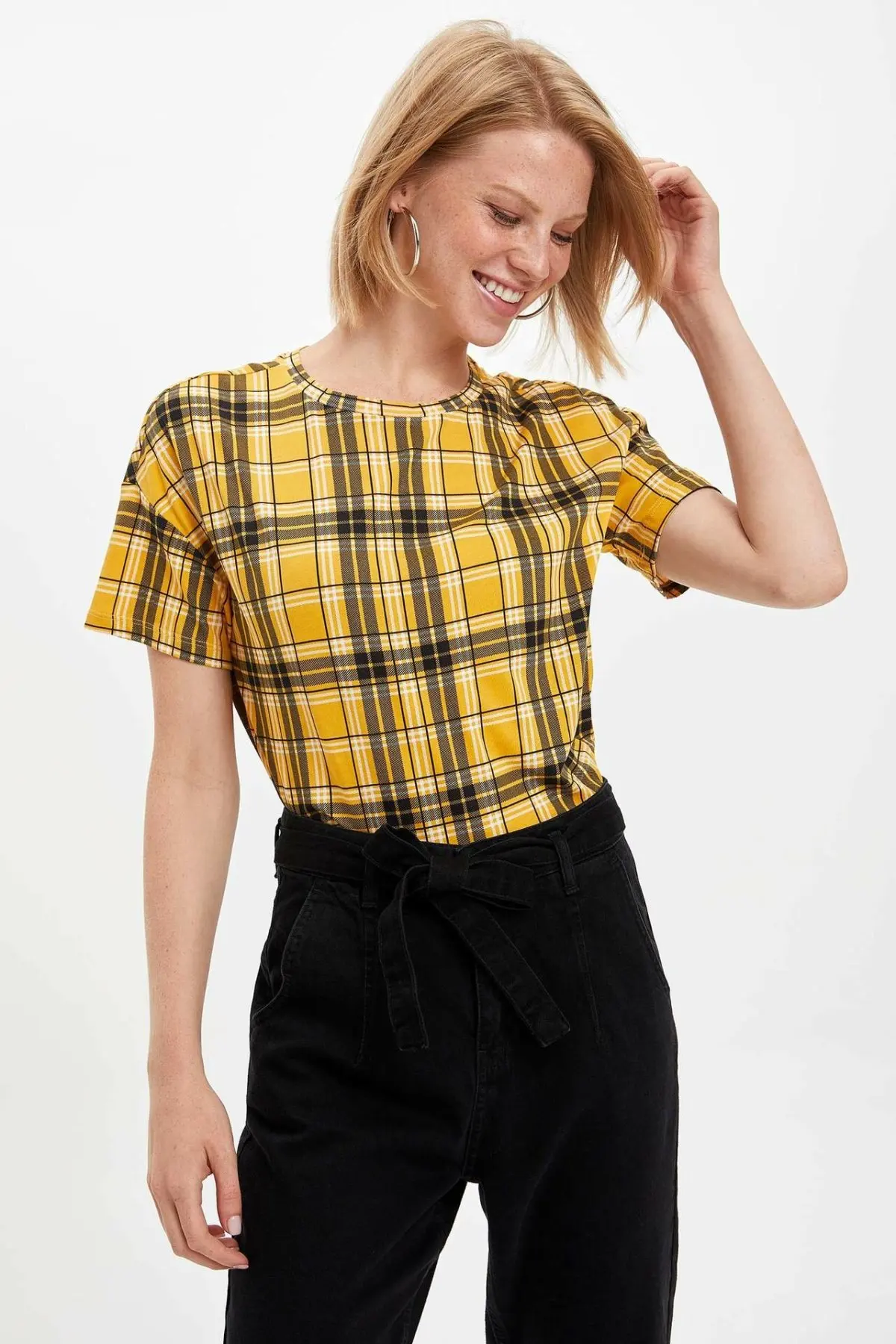 DeFacto новая летняя женская модная футболка женские повседневные клетчатые топы