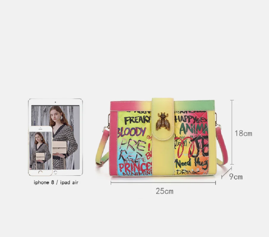

GW Small Letter Trendy Large Size Chain Shoulder Span Shopping Handbags Bee Envelope Bag Colorful Graffiti Handheld Wallet