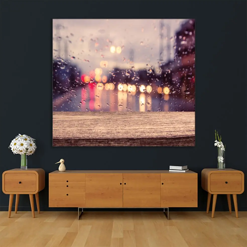 Tapestry Wooden Table with Blur Traffic View through a Car Windscreen Covered in Raindrops Rainy Evening Picture Brown Yellow | Дом и сад