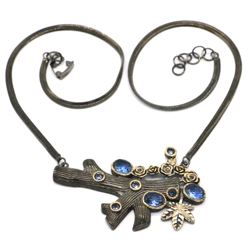 61x37 мм в неоготическом стиле Винтаж дерево настоящий зеленый изумруд розовый турмалин фиолетовый танзанит Черное золото 925 пробы серебро Цепочки и ожерелья