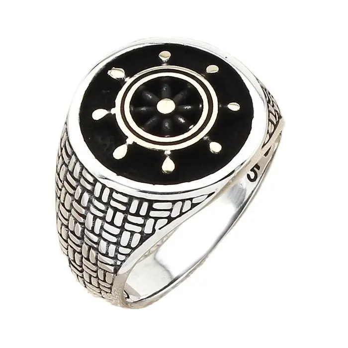 

Sterling Silver Round Rudder Model Sailor Ring Captain Accessory Handcarved Vintage Oxidized Ring For Men Made in Turkey