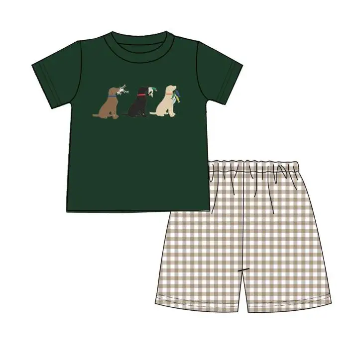

Summer Clothes Green Short Sleeve Top And Plaid Pants Short Three Dogs Embroidery Pattern Boys Clothes