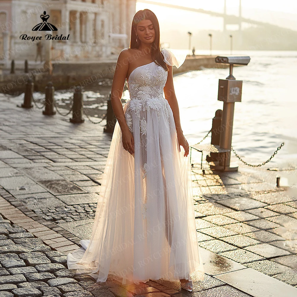 

Sexy A-Line One Shoulder Wedding Dresses for Bride Luxury Lace Appliques Backless Boho Wedding Gowns Custom Made vestidos de nov