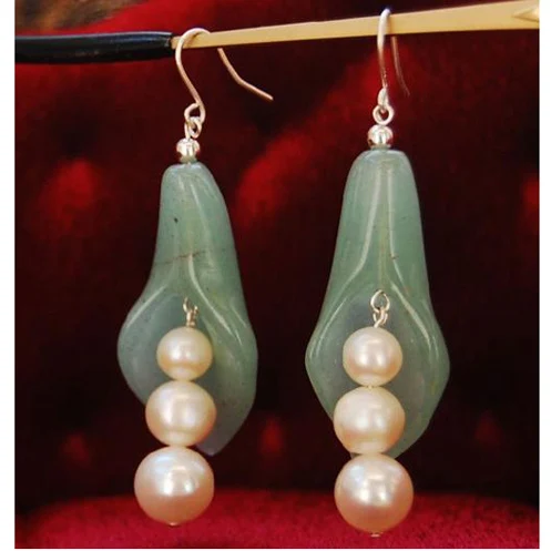 

Top Quality Freshwater Round Pearl Green JadePea Pot Princess Earring S925 Silver Hook Jewelry Wedding Birthday Party Lady Gift