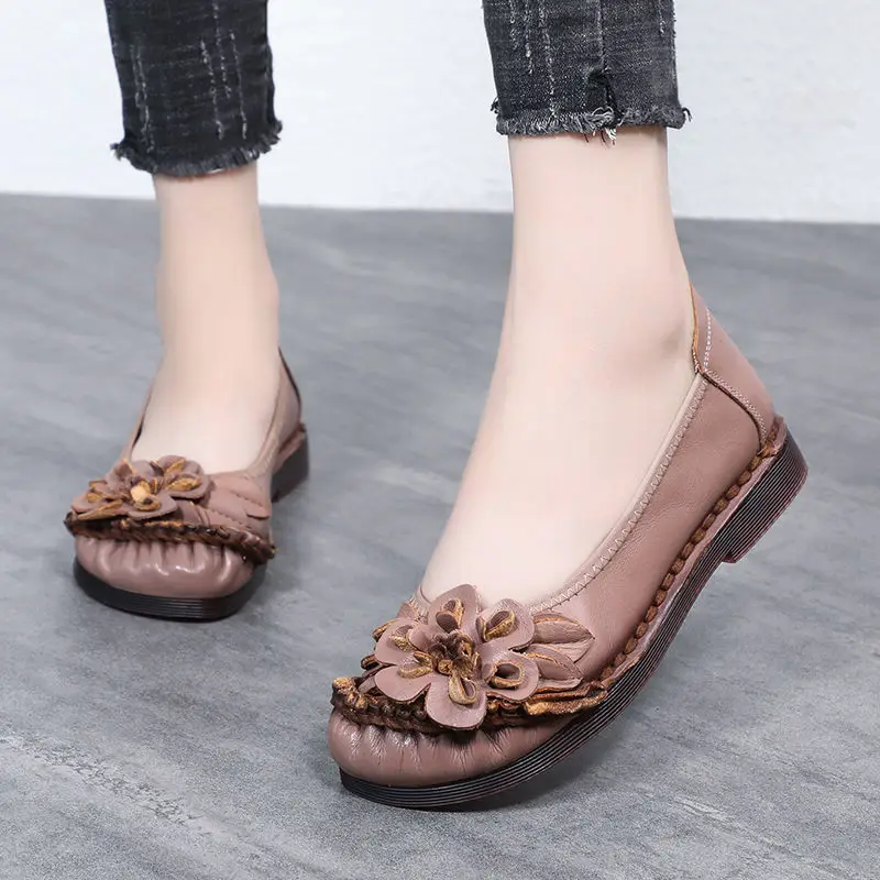 High Quality Retro Floral Ballet Flats Women's Shoes New Trend Loafers Ladies Genuine Leather Shoes Woman Sliders Soft Moccasin