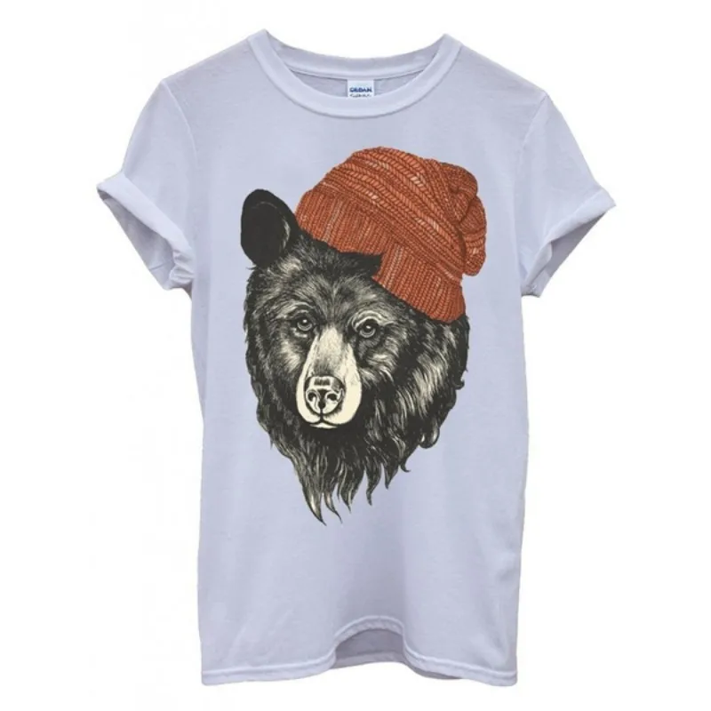 

Hot Sale Fashion men's Ro T-shirt Bear with Beanie Funky Cool Funny Hipster White Men Women Top T-Shirt
