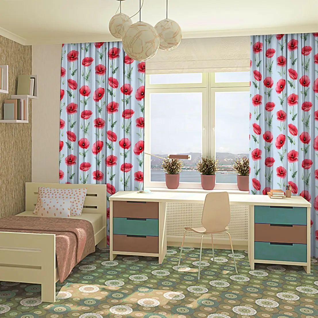 Занавеска цветы листья Акварельный узор весенний сад полевые красный зеленый