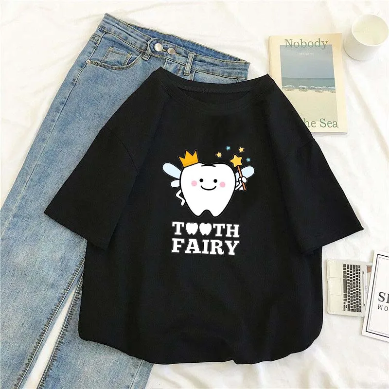 

2021 Summer Tooth Fairy Pattern Printed T-Shirt Unisex 100% Pure Cotton Round Neck 14 Color Top Daily Casual Cute Short Sleeve