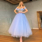 Небесно-голубое платье для выпускного вечера с открытыми плечами платье для милой вечевечерние с бисером длинное платье средней длины свадебное вечернее платье