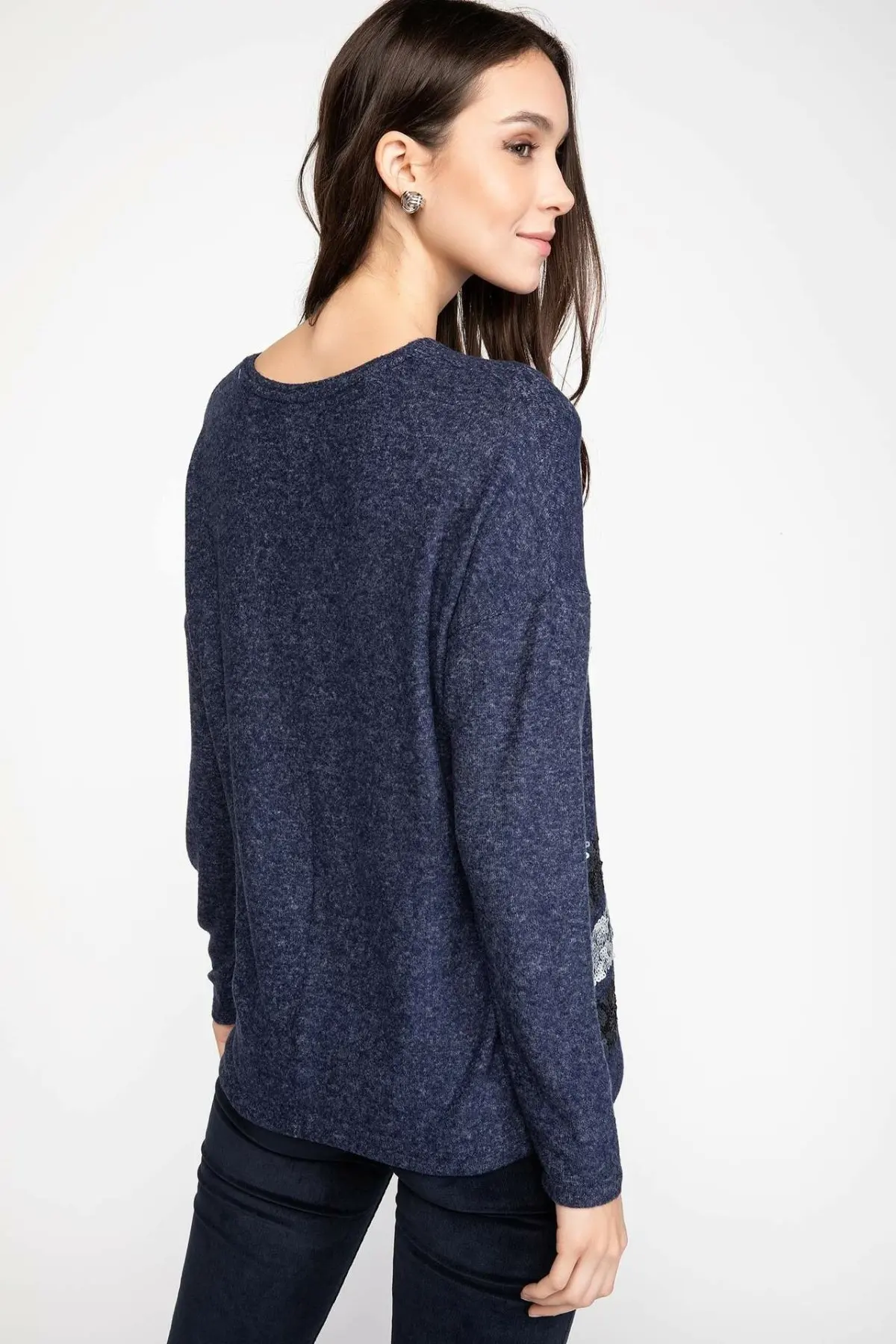 DeFacto Женская темно синяя Трикотажная футболка с длинным рукавом Мужская