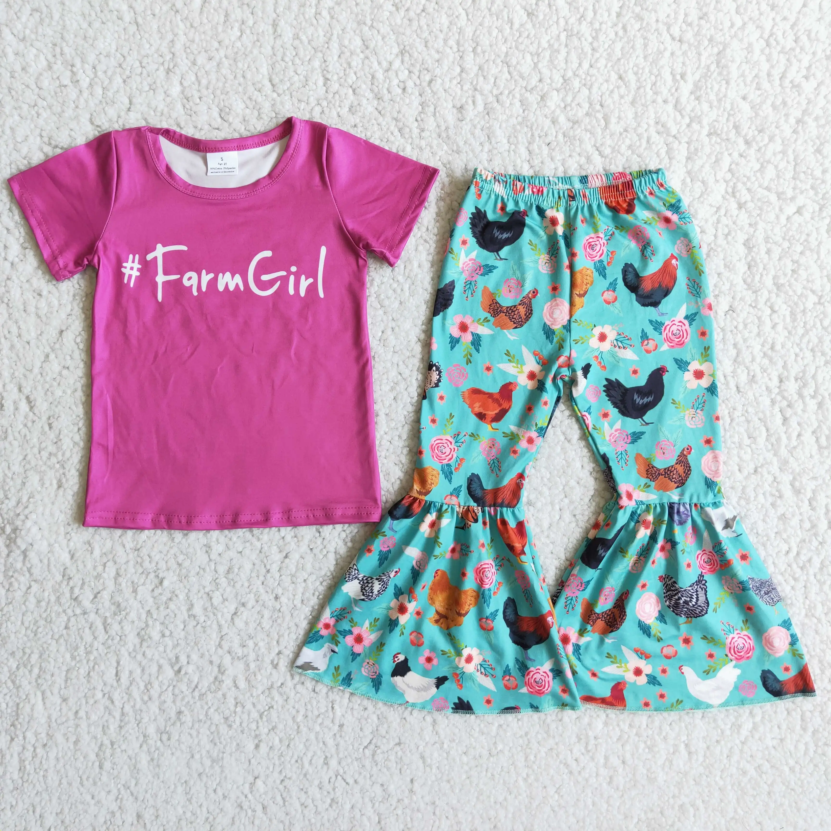 

Toddler Baby Girls Clothes Set Pink Short Sleeve with Hen Print Green Bell-Bottoms Summer Sets For Toddler Outfits Kids Wear