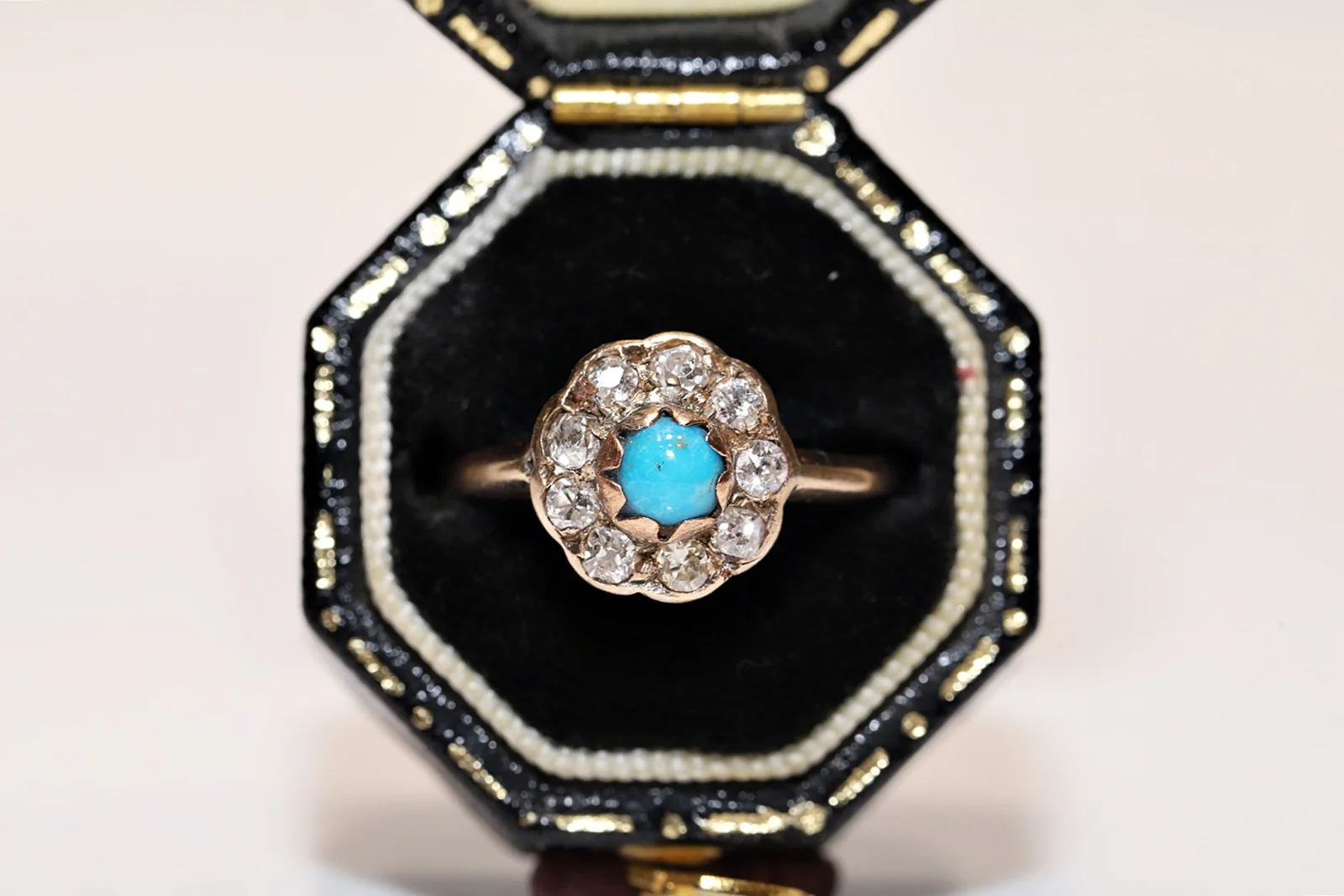

Victorian Original 9k Gold Natural Diamond And Turquoise Decorated Pretty Ring