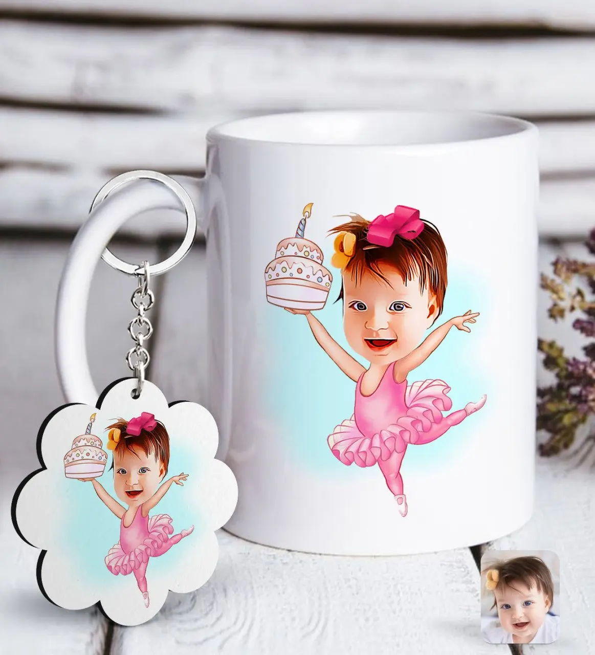 

Personalized Baby Birthday Caricature Of White mug And Keychain Gift Seti-3