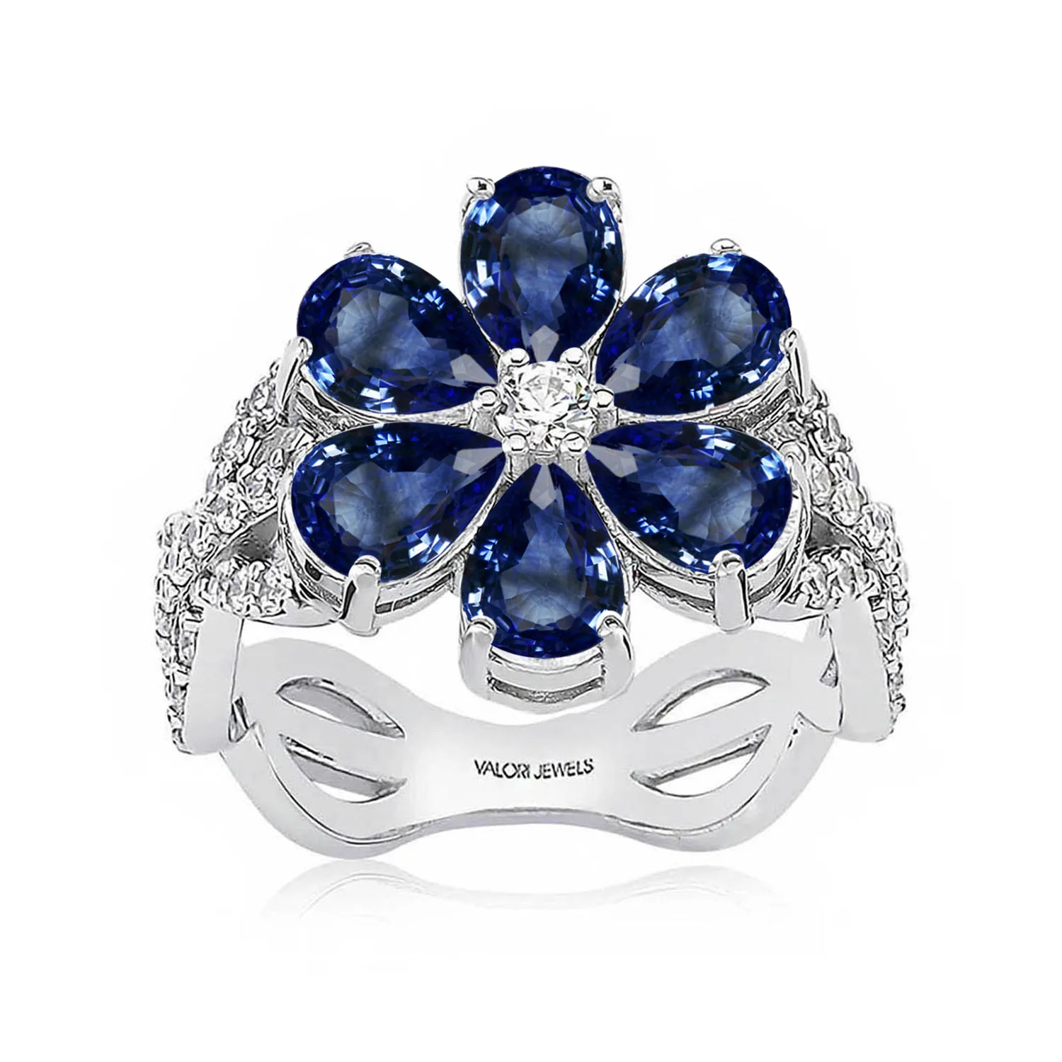Valori – bague en fleur de Magnolia, 2 Ct de Zircon, pierre précieuse fantaisie en forme de poire bleue, plaqué Rhodium, argent 925, bijoux fins