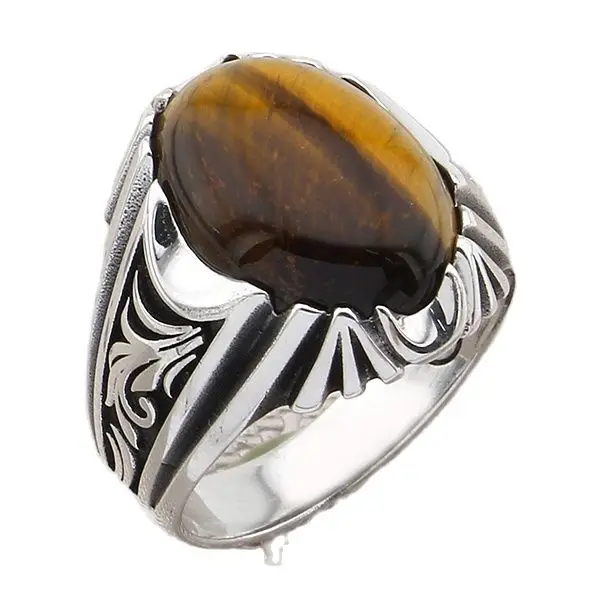 

Authentic Design 925 Sterling Silver Men's Ring with Oval Brown Tiger Eye Natural Gemstone Jewelry Gift for Boyfriend for Father