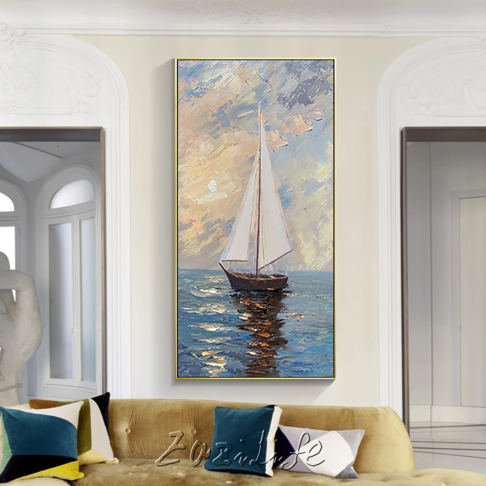 Парусная морская пейзаж акриловая живопись на холсте Настенная картина в рамке