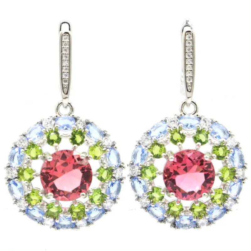 

39x23mm SheCrown Multi Color 8.6g Pink Tourmaline Peridot Violet Tanzanite Women Bride Engagement 925 Sterling Silver Earrings