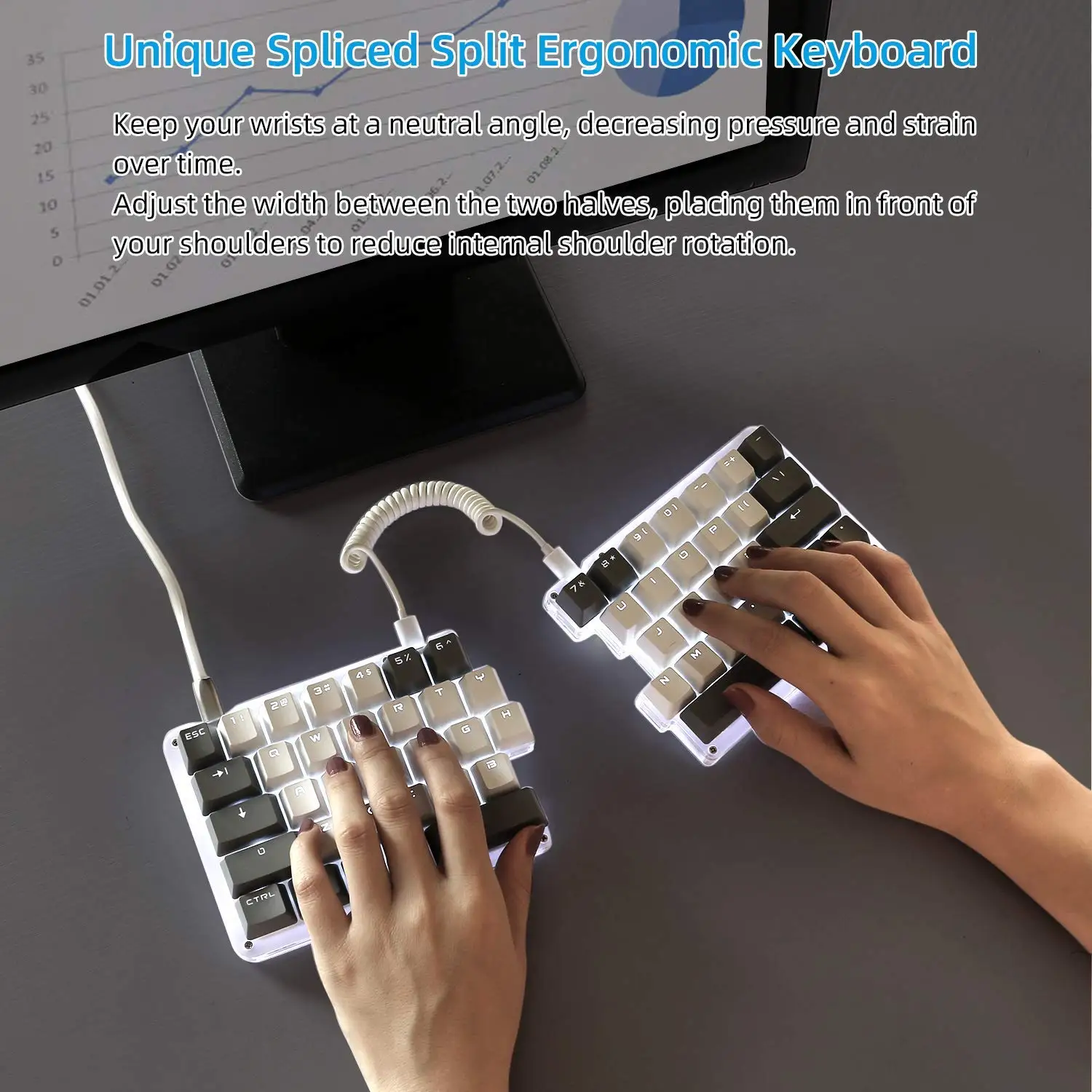 Macro Split Mechanical Keyboard 62 Keys Programmable Ergonomic Gaming Keyboard with OEM Outemu Blue Switches with White Backlit