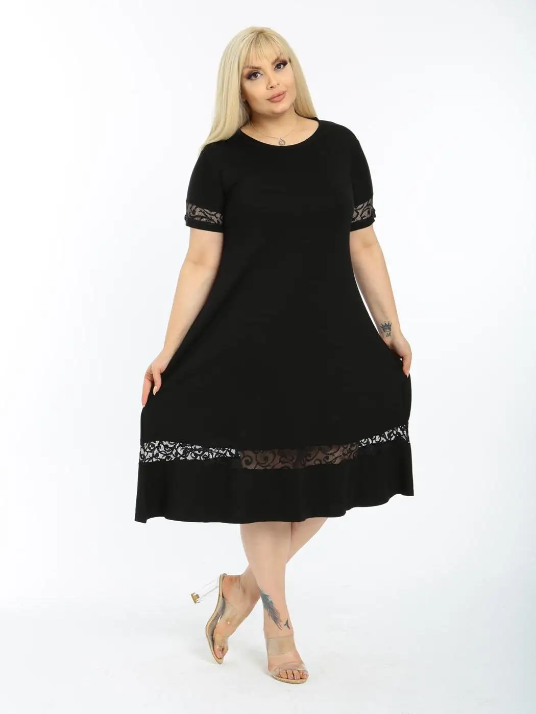 Plus Size Women Clothing 2022 Casual Elegant Dressing Black O-neck A-Line Knee-Length Lycra Knitted Viscose Made in Turkey