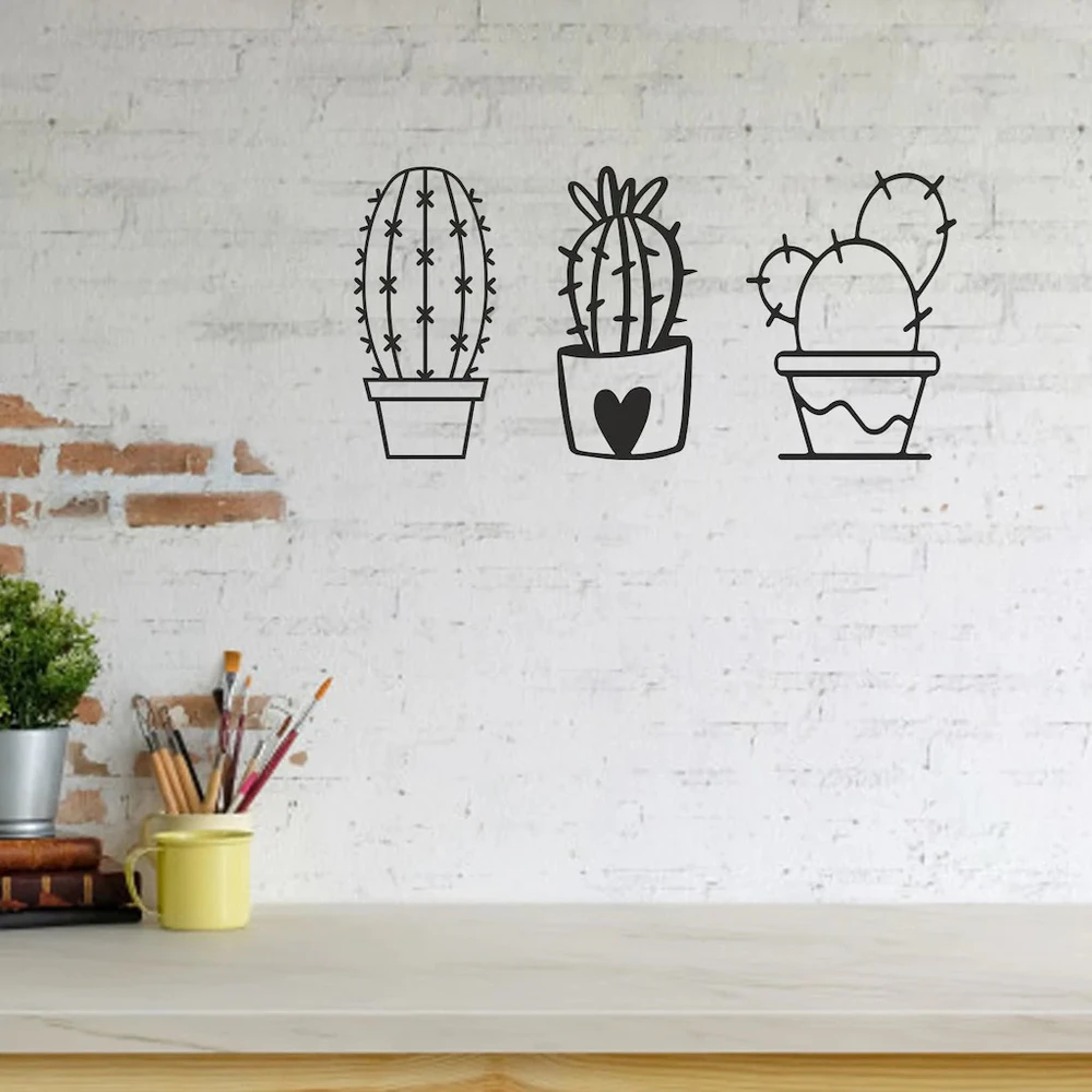 Деревянный 3 шт. Милый цветок кактуса Настенное искусство и украшение Ваза