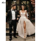 Современные Блестящие трапециевидные тюлевые Свадебные платья с разрезом сбоку вырезом сердечком без рукавов кружевные платья с аппликацией со шлейфом для невесты