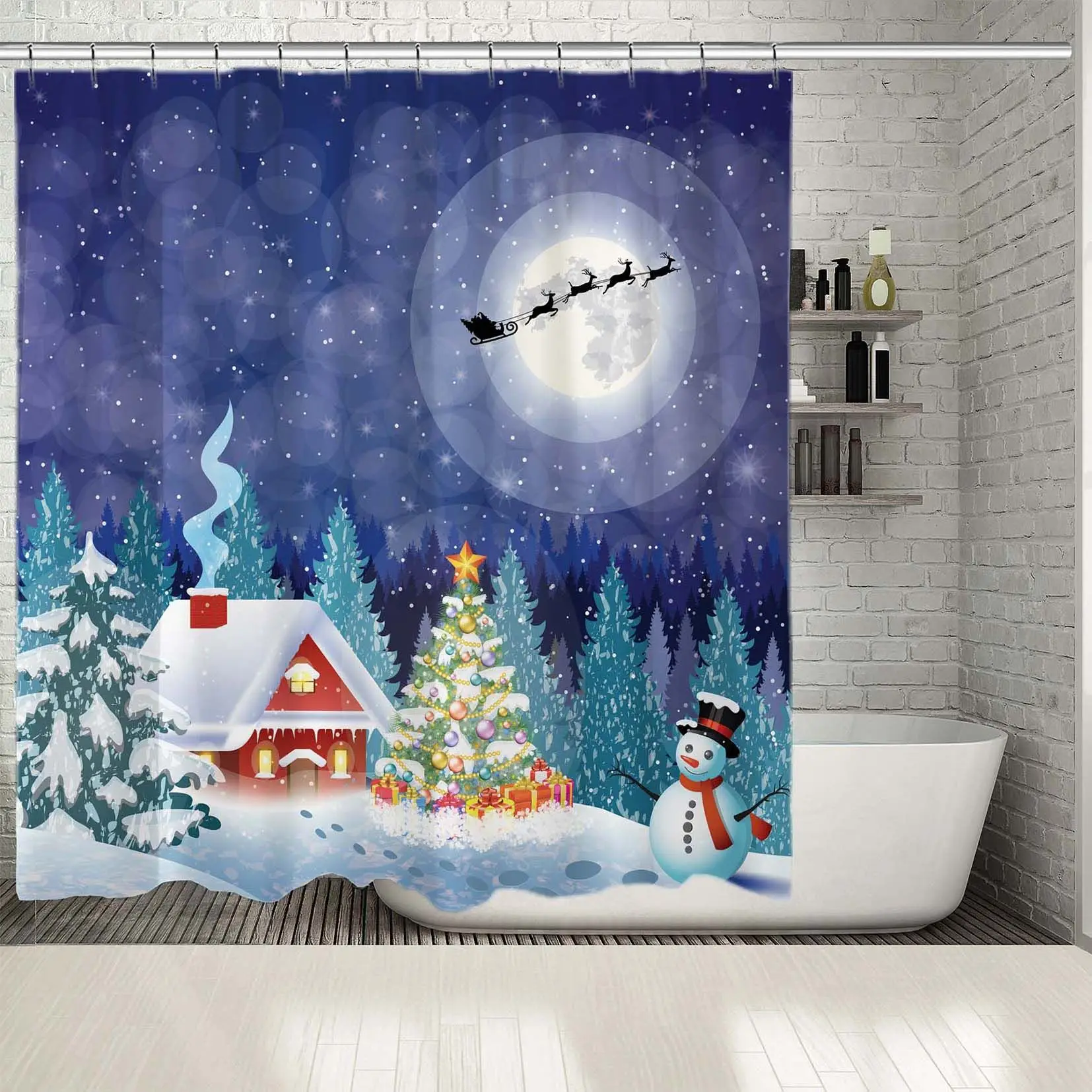 

Shower Curtain Christmas Tree Snowman House Forest Snowy Night Full Moon Santa Claus Flying on A Sleigh Blue Red Green white