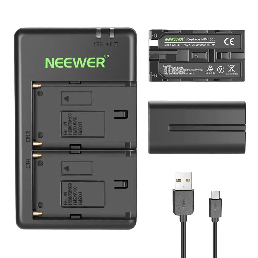 neewer 2 pieces 2600mah li ion replacement battery with charger for sony npf550570530 fit for sony handycams free global shipping