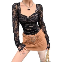 lace stitching womens long sleeved cropped gauze mesh see through top square neck ruffled tight sexy party elegant 2022 spring