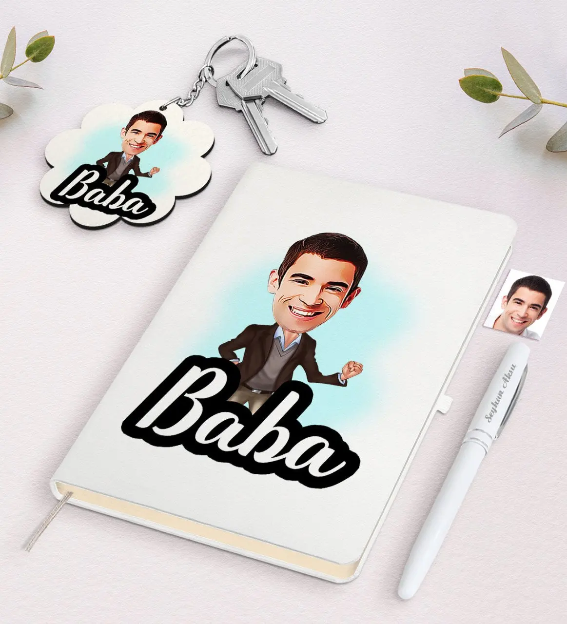 

Personalized Dad Caricature Of White Notebook pen And Keychain Gift Set Log souvenir Gift Moment Reliable design
