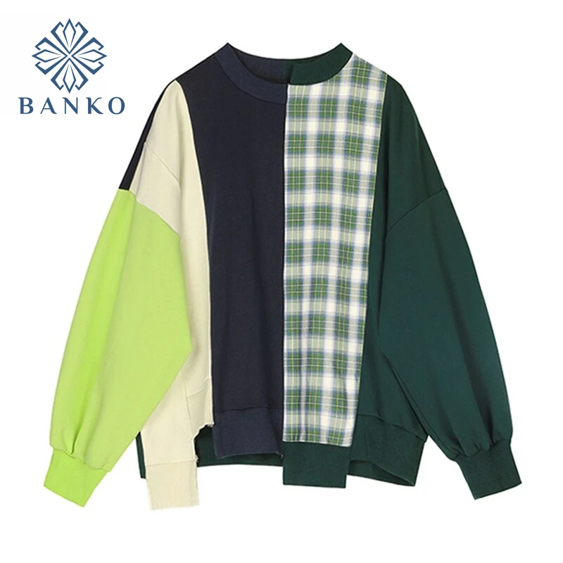 

girls Long Sleeve Patchwork 2020 Autumn Winter Warm Sweatshirt Casual Fashion Vintage Loose Hoodie Oversize O Neck Pullover top