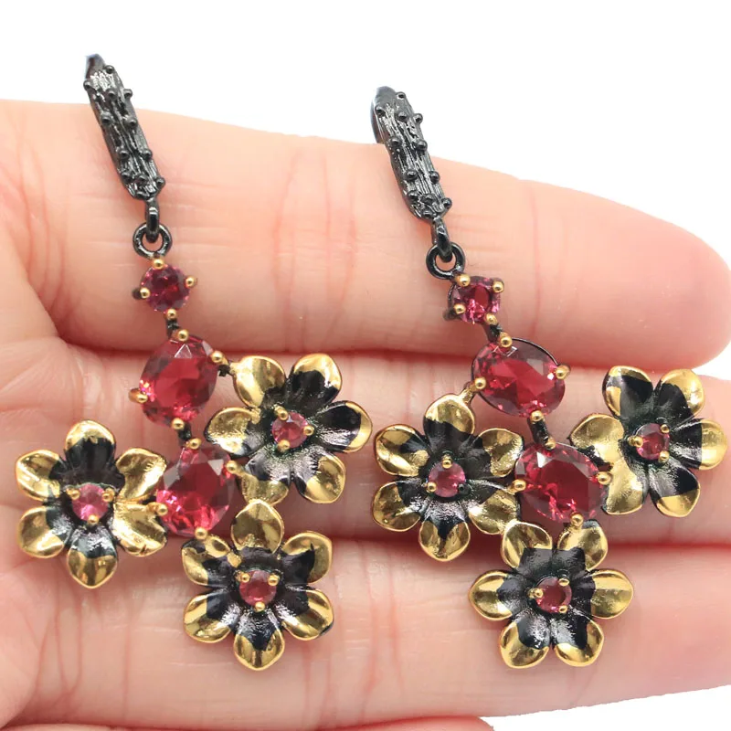 Уникальные готические резные серьги ручной работы, 52x31 мм, родолит, гранат, розовый кунцит, крутые черные, золотые, серебряные серьги, привлекающие внимание