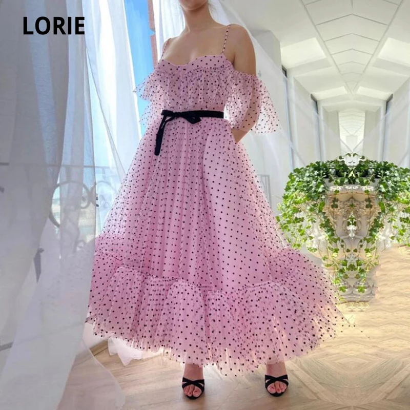 

LORIE Vintage Prom Dress Off the Shoulder Black Belt Polka Dot Pink Tea Length Party Gown with Pockets Celebrity Night Dress