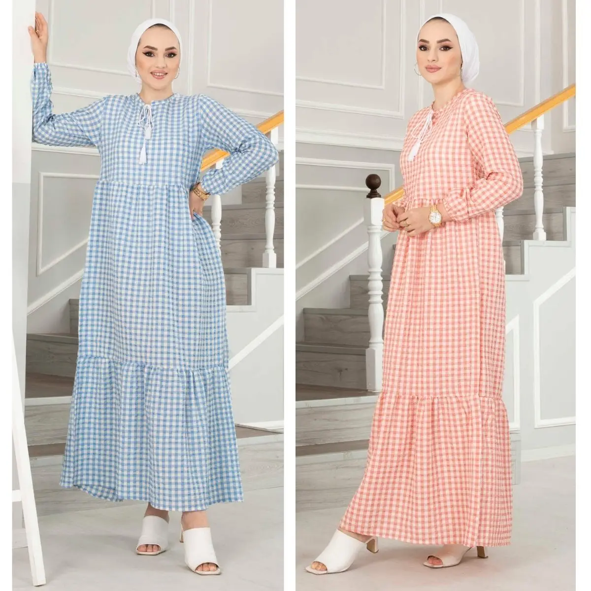 

Gingham Pattern Dress Long Sleeve Lace-up Collar Hijab Women Fashion Muslim Clothing Seasonal Ramadan Islam Turkey Casual