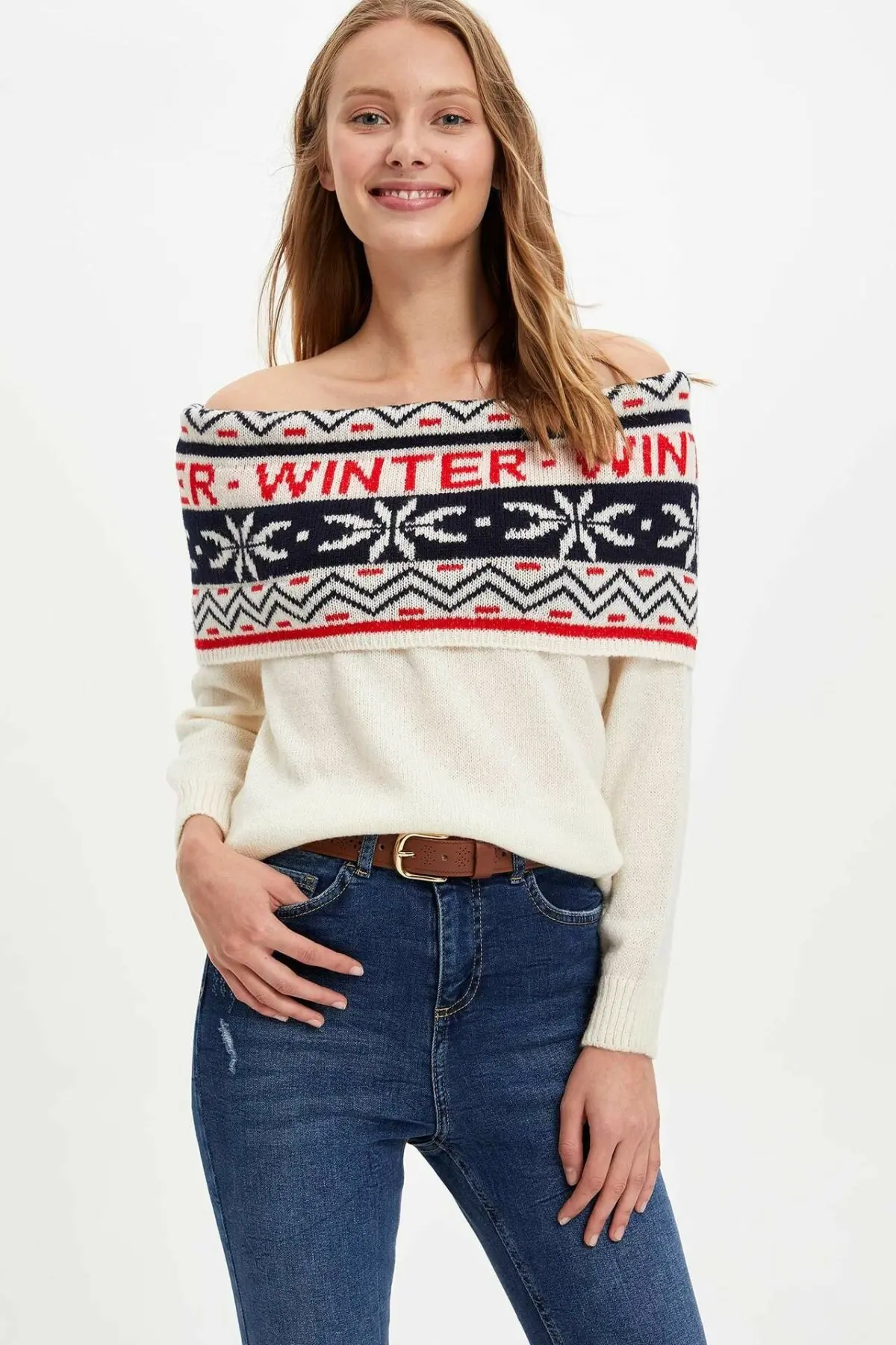 DeFacto женский зимний Рождественский пуловер с принтом сексуальный вязаный белый