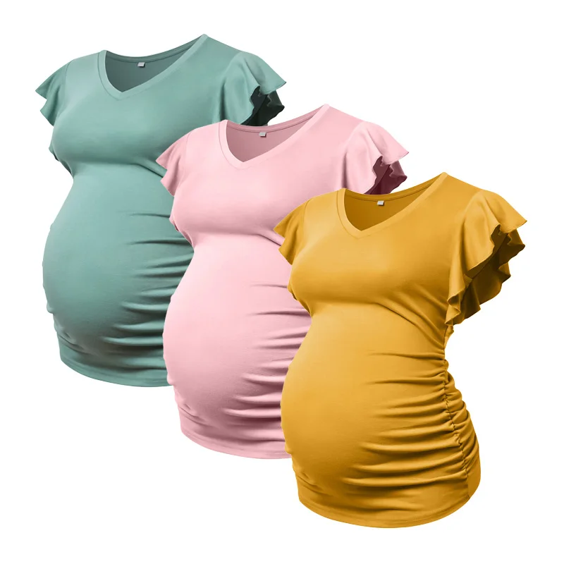

Pregnancy T-Shirt Fly Short Sleeve Tees Maternity T Shirt V Neck Side Ruched Clothes Pregnant Women Tops