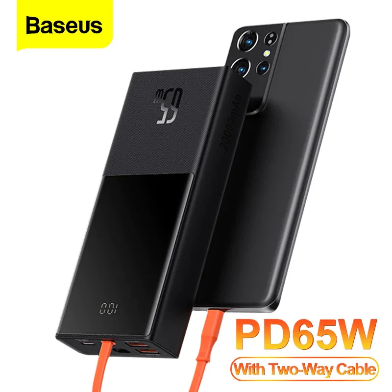 External Battery Baseus with digital display fast charging 20000 mAh 65 W cable Type C for Samsung S 21 and Power bank Xiaomi phone Portable charger