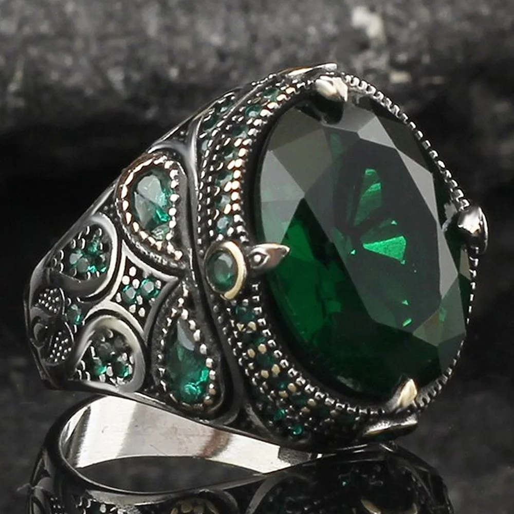 

Sterling 925K Silver Men's Ring Turkish Handmade Jewelry Green Zircon All size gift for him