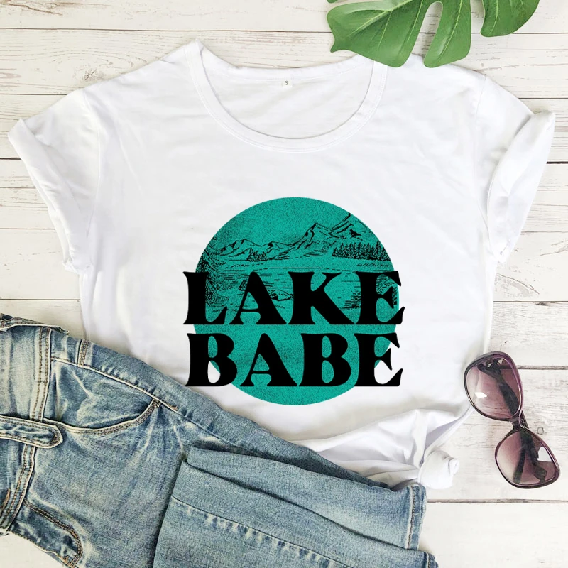 Женская футболка в стиле ретро голубая Повседневная с рисунком бирюзы лето