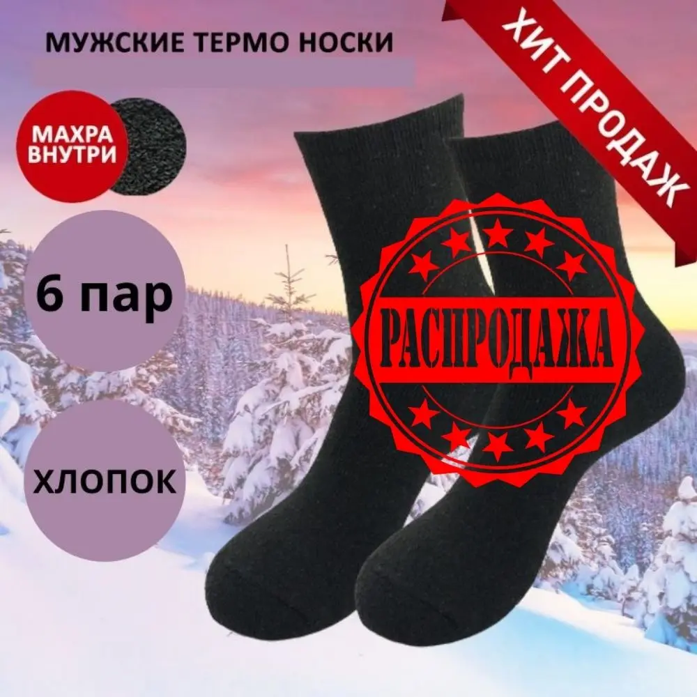 6 пар. Носки мужские хлопковые. Осень/зима/весна. Внутри махра. Цвет микс. Береза
