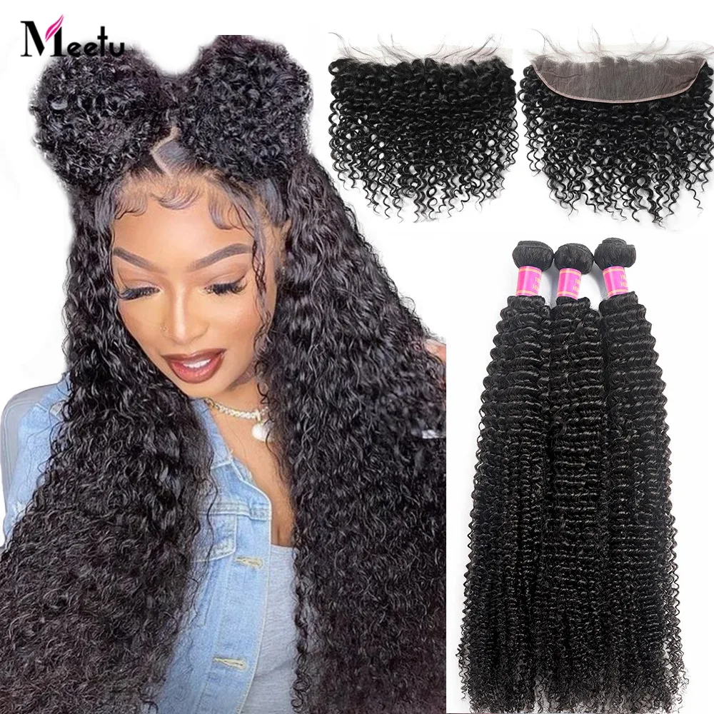 Meetu Kinky Curly Bundles with Frontal 13x4 Transparent Lace Frontal with Bundles Brazilian Human Hair Bundles with Frontal