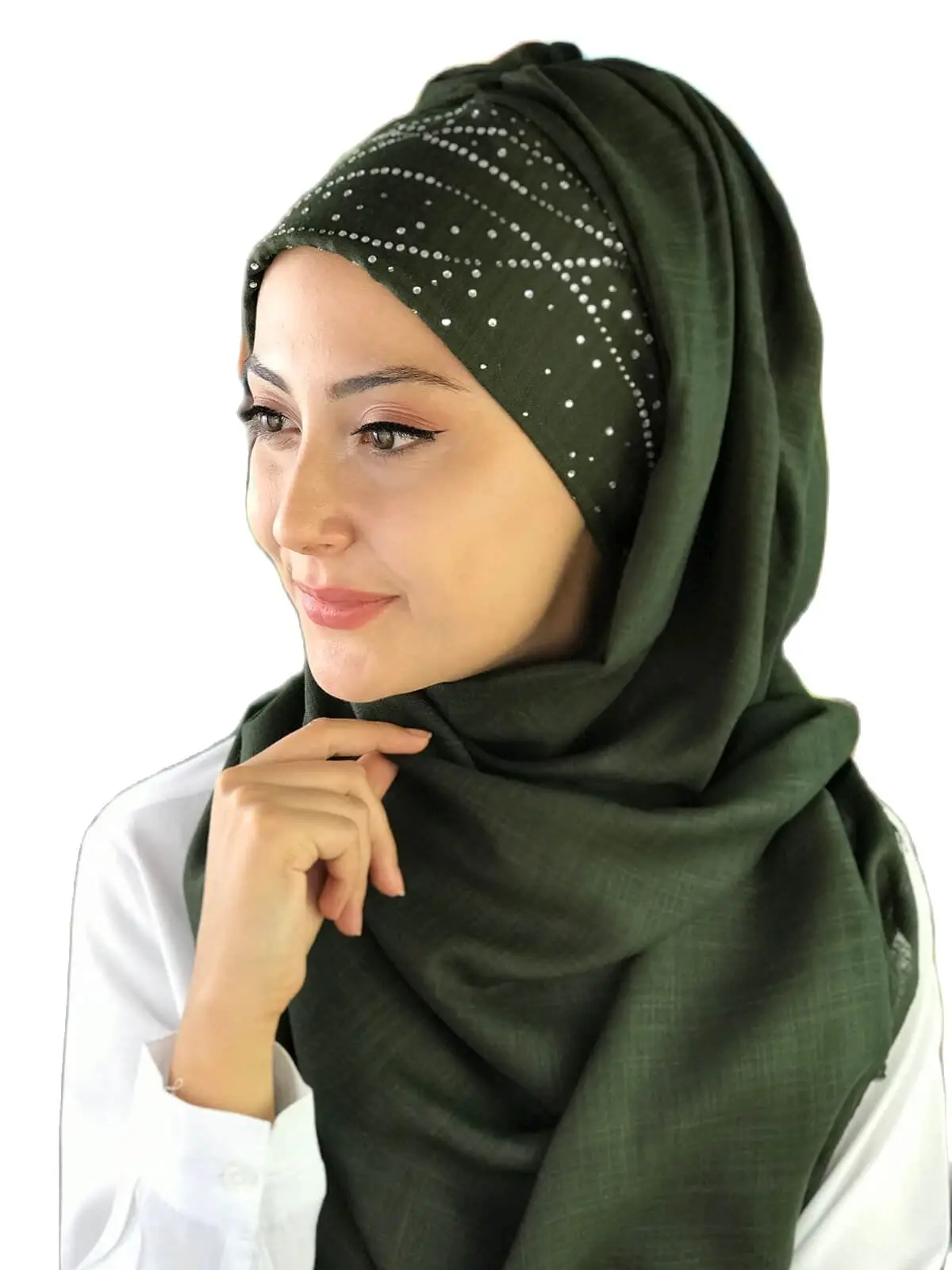 

2022 New Fashion Hijab Women Muslim Islamic Turban Scarf Hat Foulard Silver Sequins Milky Way Pattern Dark Green Ready Made Shaw