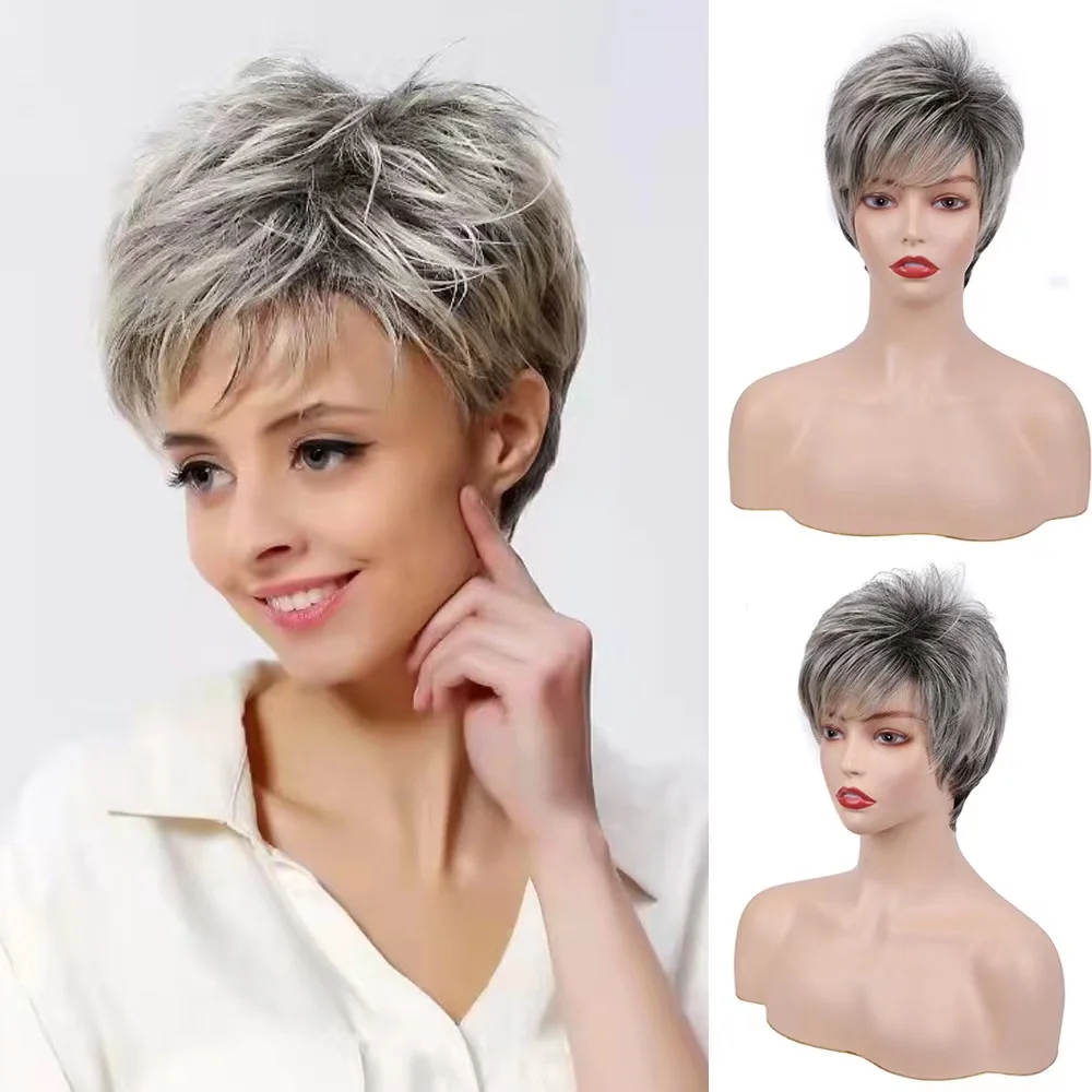 

Layered Pixie Ladies wig Grey human hair mix blonde no lace wig with Bangs black Roots to White Grey short pixie wigs for women
