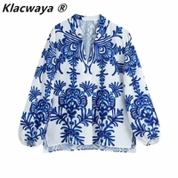 klacwaya women 2021 vintage blue totem floral print smock blouse office ladies business casual shirt chic loose blusas tops